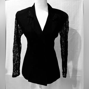 Vintage Black Blazer with Sheer Lace Sleeves- Size Small